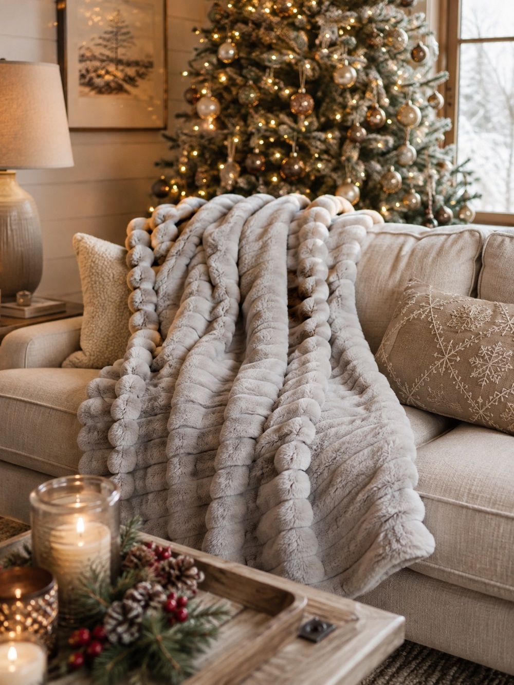 Anthropologie NWT Puffer Faux Fur Throw Blanket – Light Grey 59” x 69”